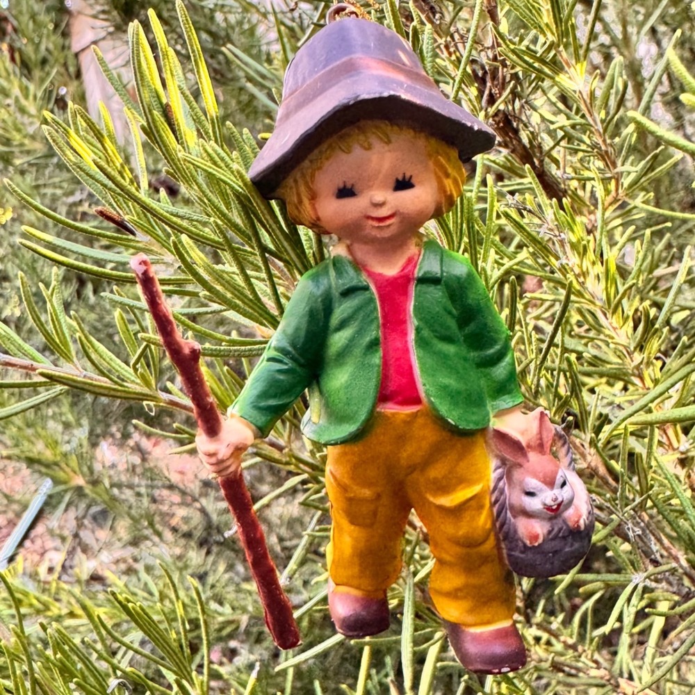 Vintage Boy with Rabbit Figurine Christmas Ornament - Made in Hong Kong